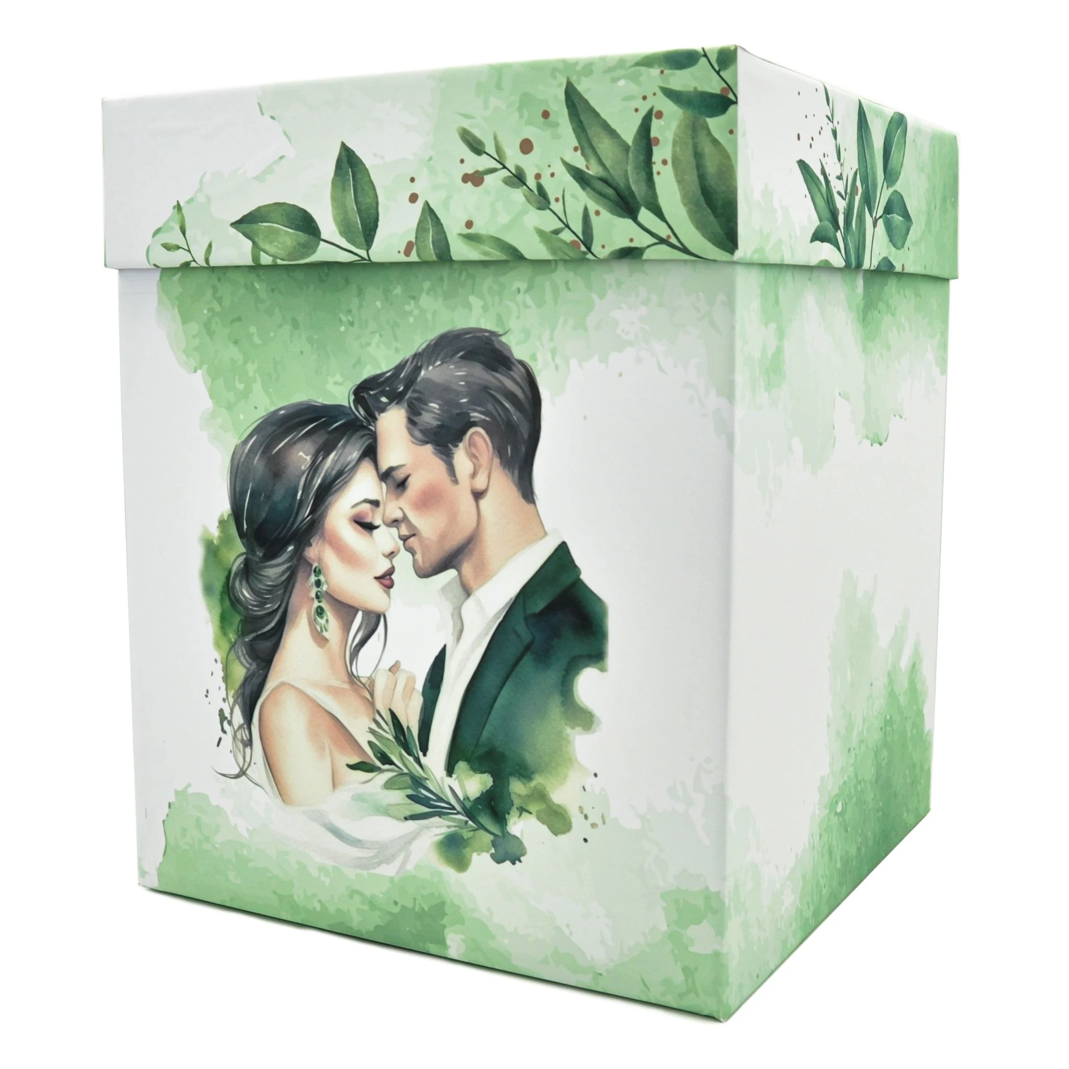 Cutie dar (bani) Nuntă, nepersonalizata, design verde cu miri, dim. 21x21x26 cm - imagine 6