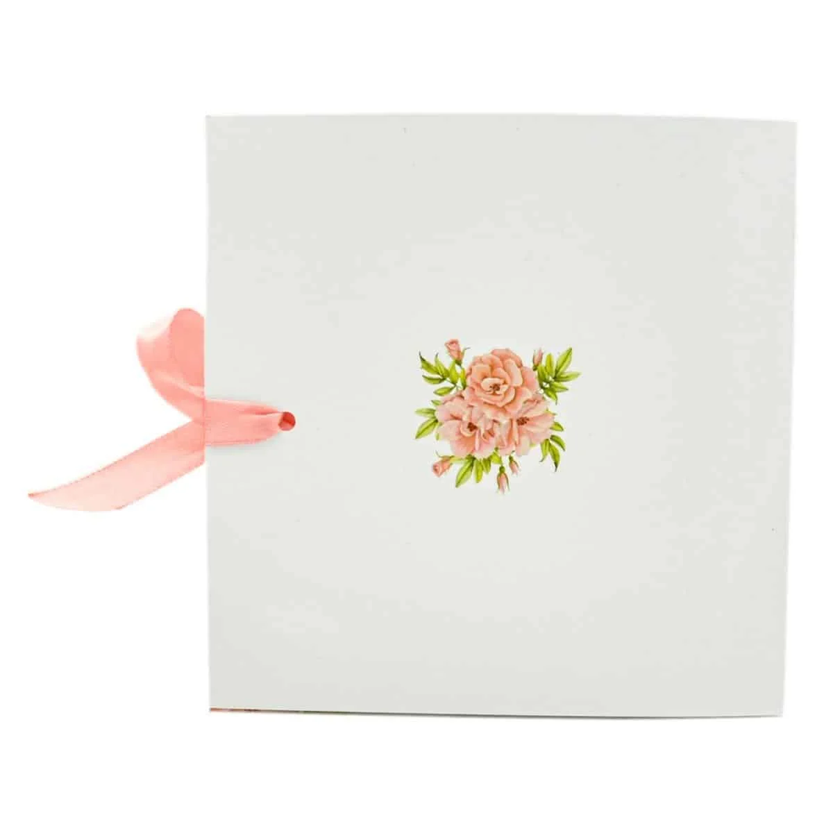 Invitatie nunta tip Carte, cu fundita, flori in nuante de roz, fuzzy pink, dust pink si miri - imagine 3