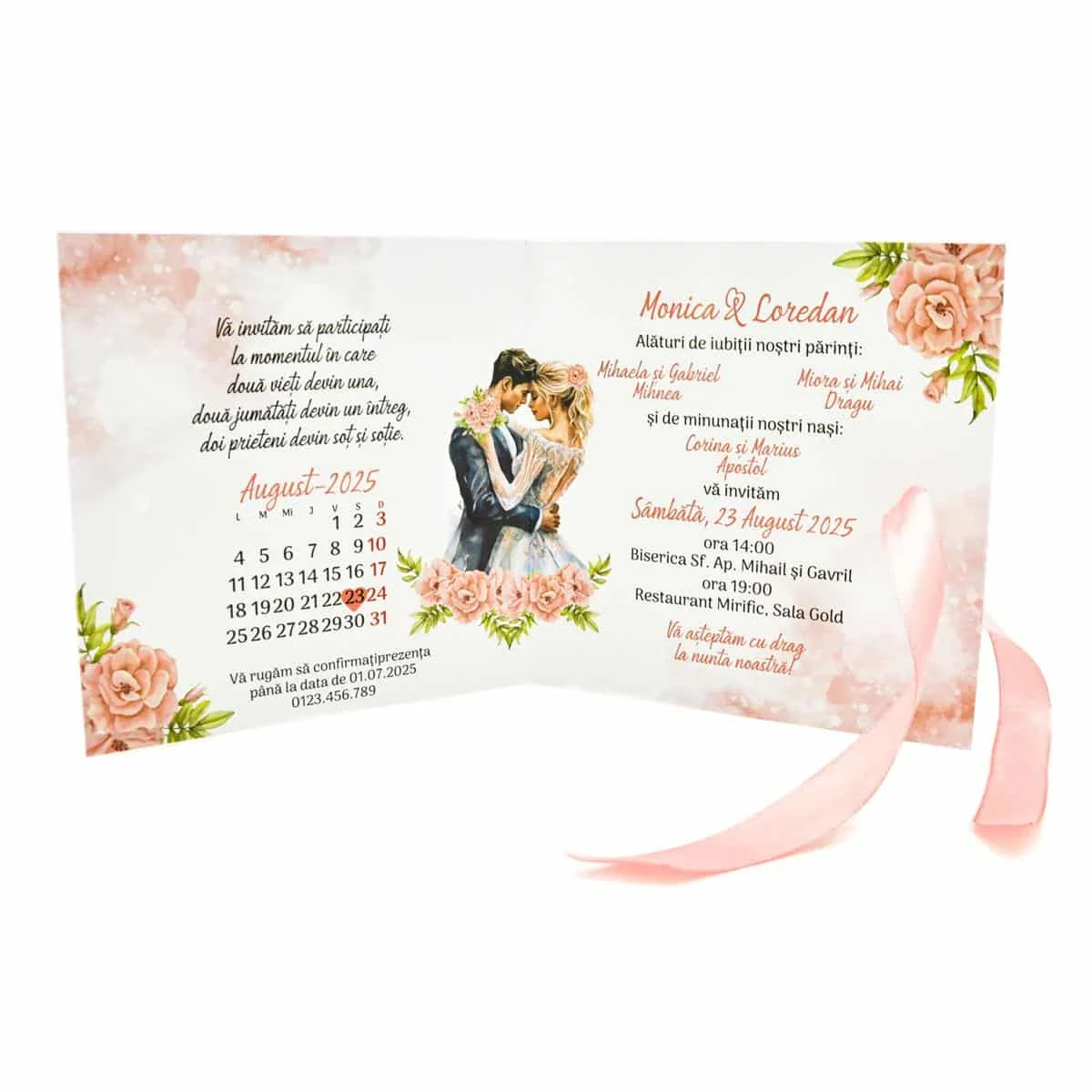 Invitatie nunta tip Carte, cu fundita, flori in nuante de roz, fuzzy pink, dust pink si miri - imagine 4