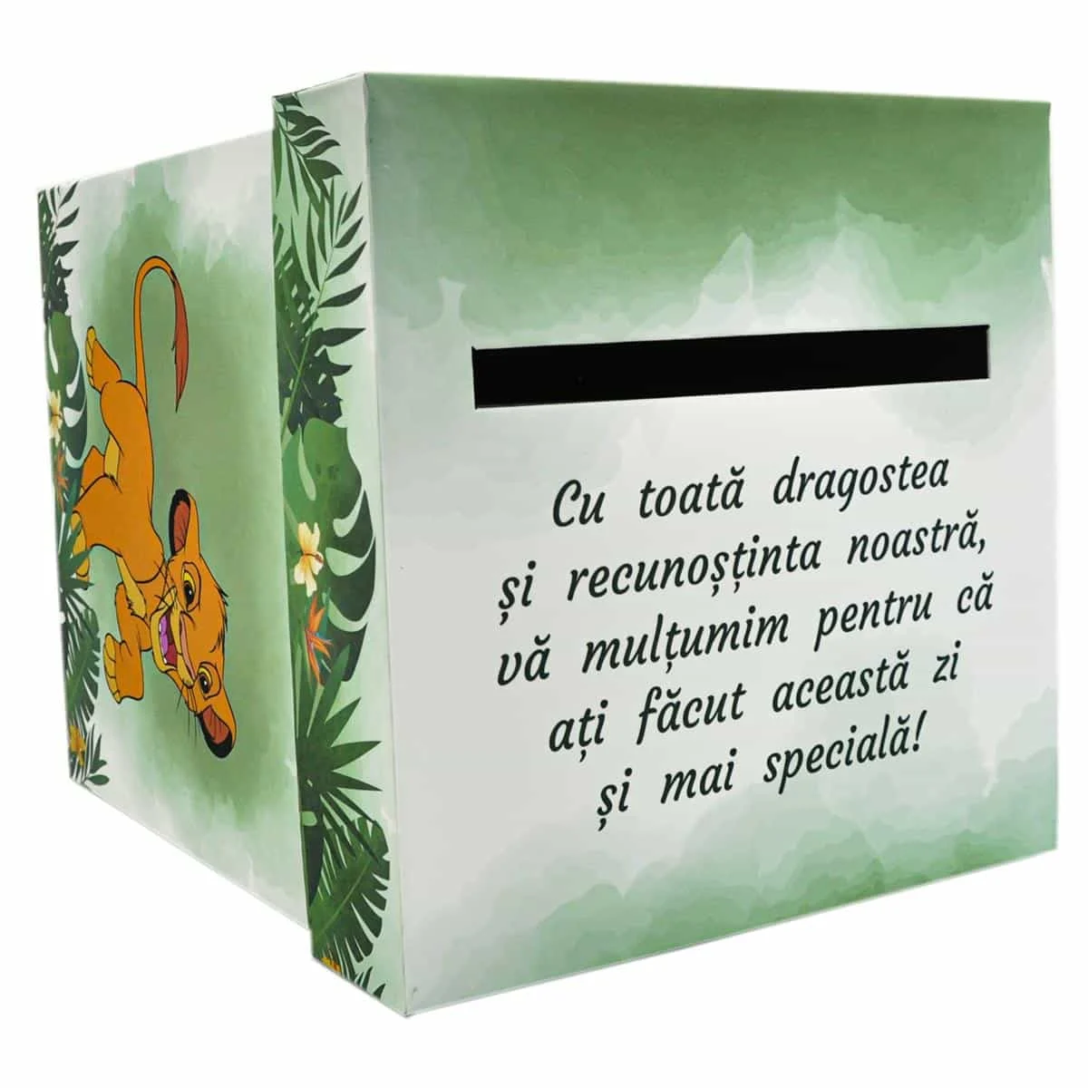 Cutie dar (bani) botez, nepersonalizata, design Jungle-Safari verde personalizata cu Regele Leu, dim. 21x21x26 cm - imagine 3