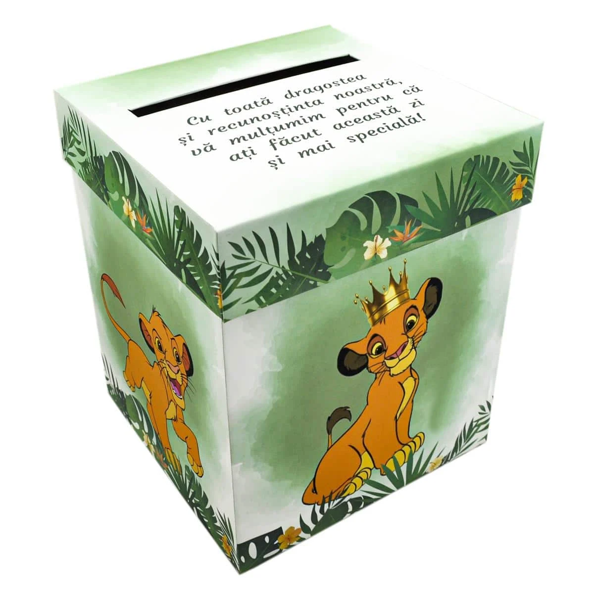 Cutie dar (bani) botez, nepersonalizata, design Jungle-Safari verde personalizata cu Regele Leu, dim. 21x21x26 cm - imagine 4