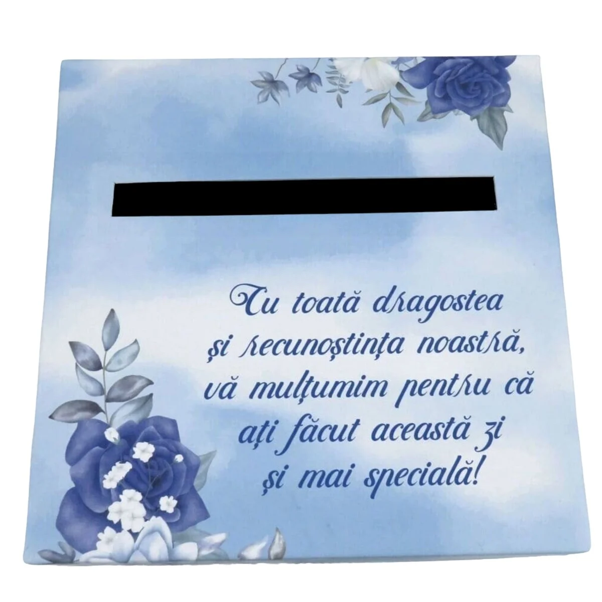 Cutie dar (bani) nunta, nepersonalizata, design floral albastru, dim. 21x21x26 cm - imagine 4