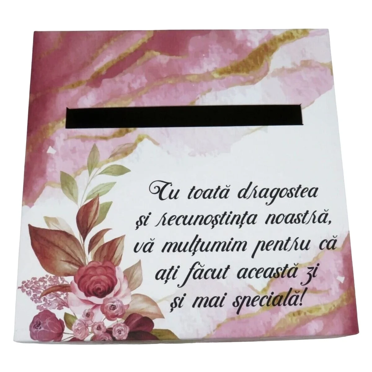Cutie dar (bani) nunta, nepersonalizata, design floral grena m2, dim. 21x21x26 cm - imagine 3
