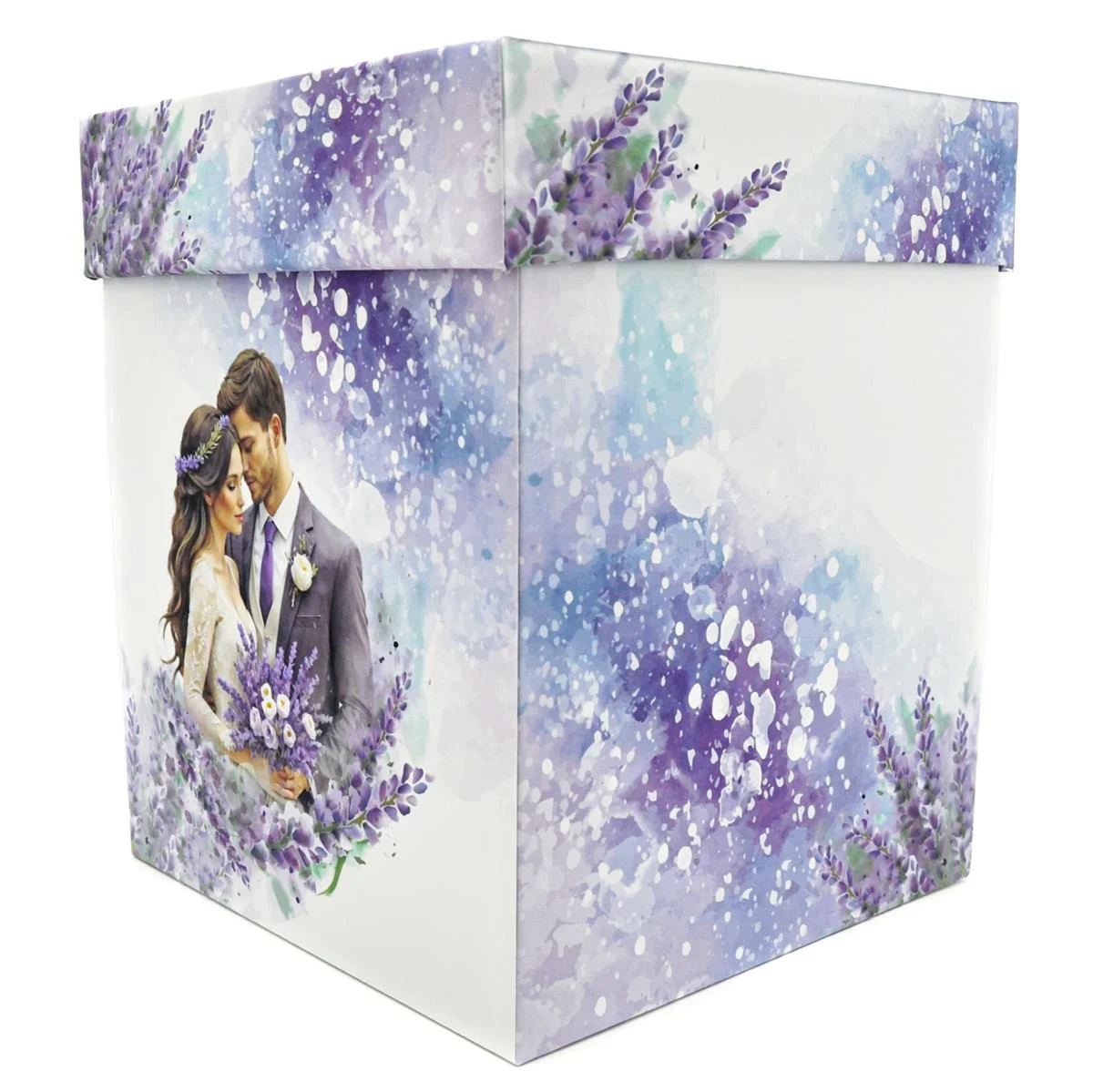 Cutie dar (bani) nunta, nepersonalizata, design lavanda mov si miri, dim. 21x21x26 cm - imagine 3