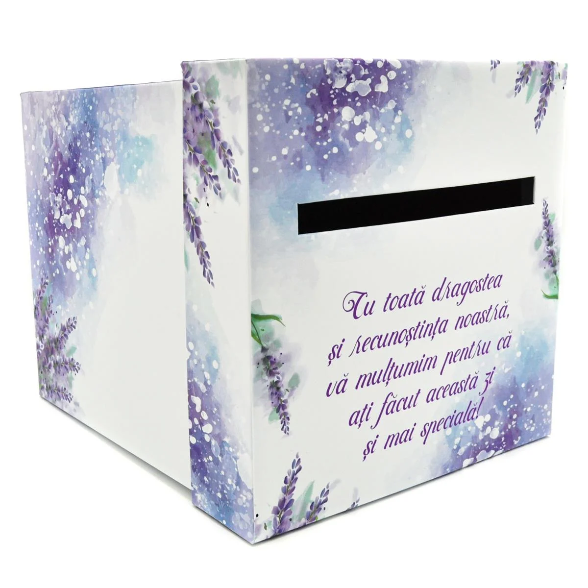 Cutie dar (bani) nunta, nepersonalizata, design lavanda mov si miri, dim. 21x21x26 cm - imagine 5