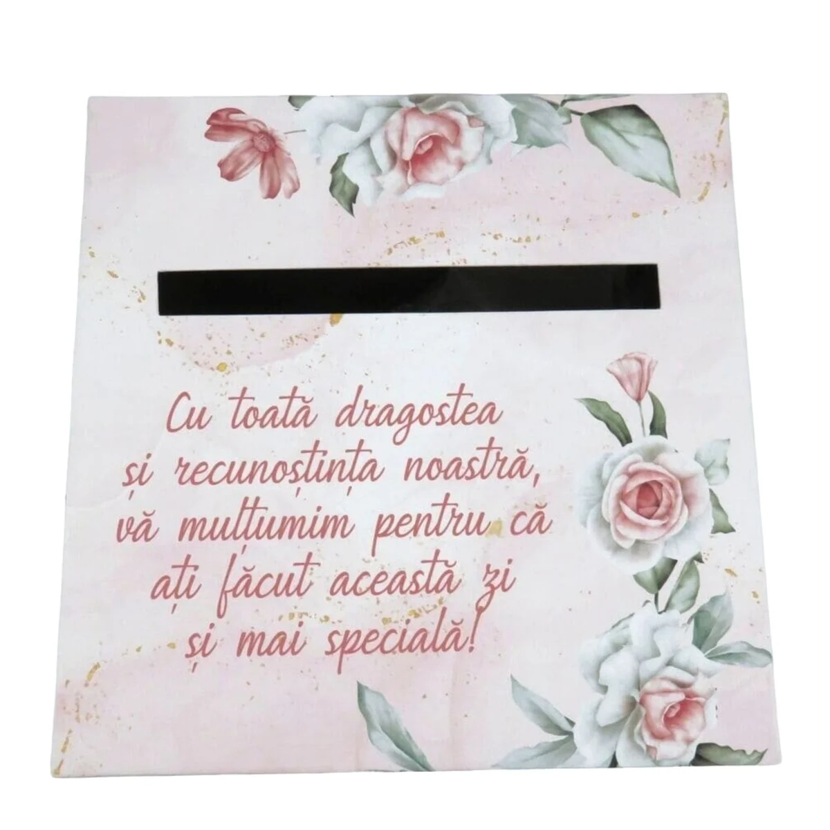 Cutie dar (bani) nunta, nepersonalizata, design floral verde-roz, dim. 21x21x26 cm - imagine 4