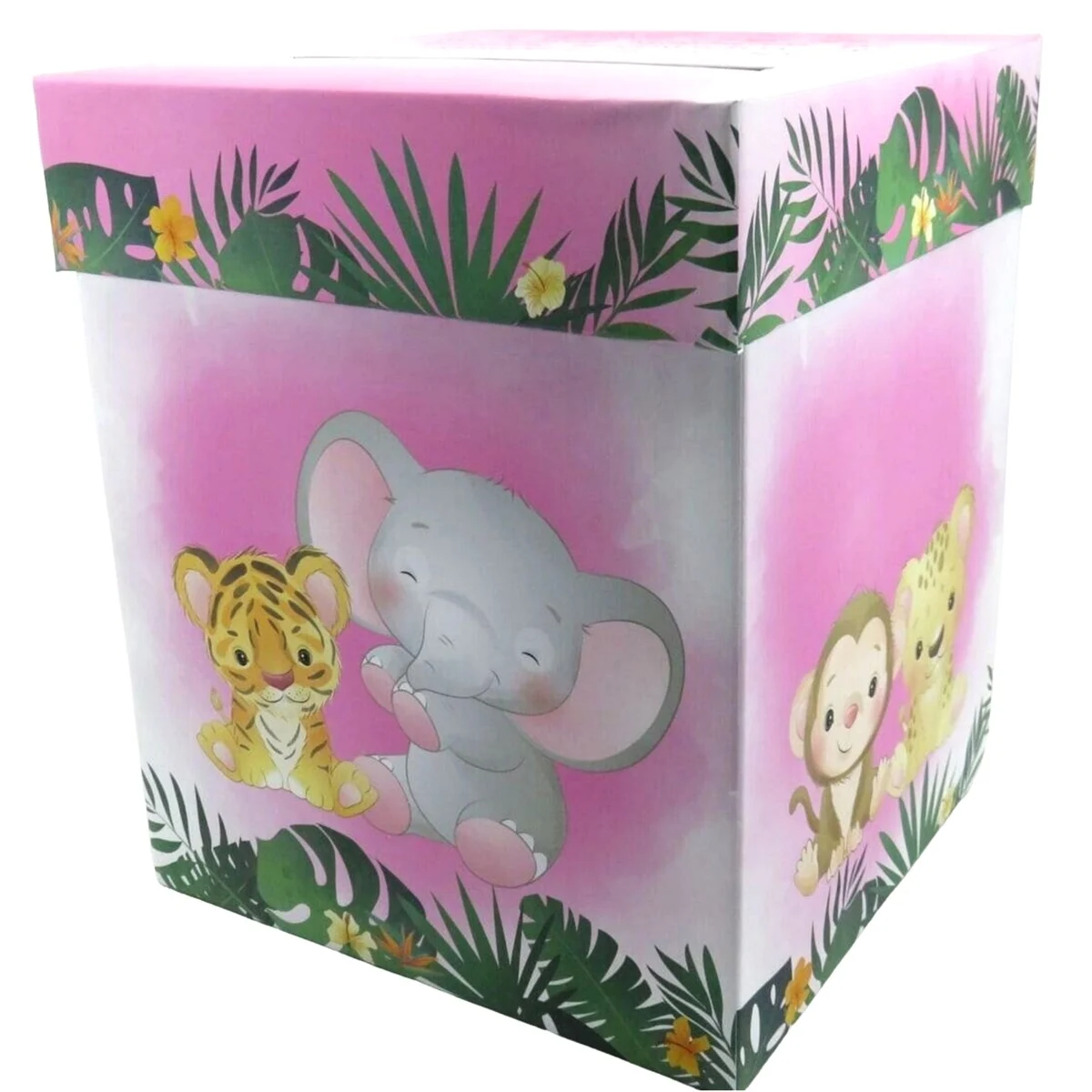 Cutie dar (bani) botez, nepersonalizata, design Jungle-Safari verde cu roz, dim. 21x21x26 cm - imagine 4