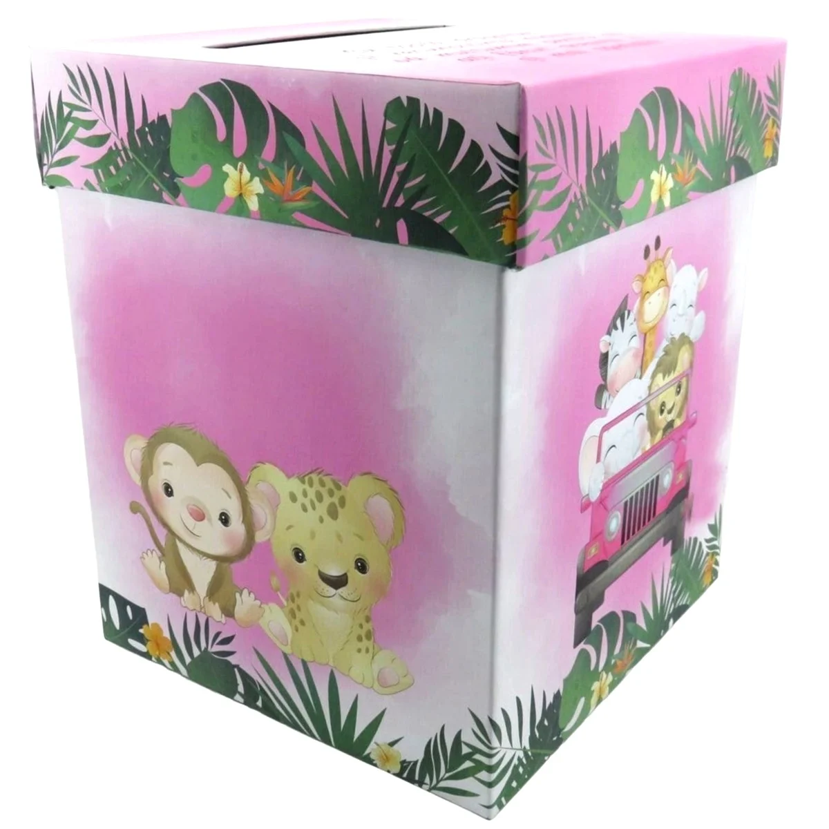 Cutie dar (bani) botez, nepersonalizata, design Jungle-Safari verde cu roz, dim. 21x21x26 cm - imagine 6