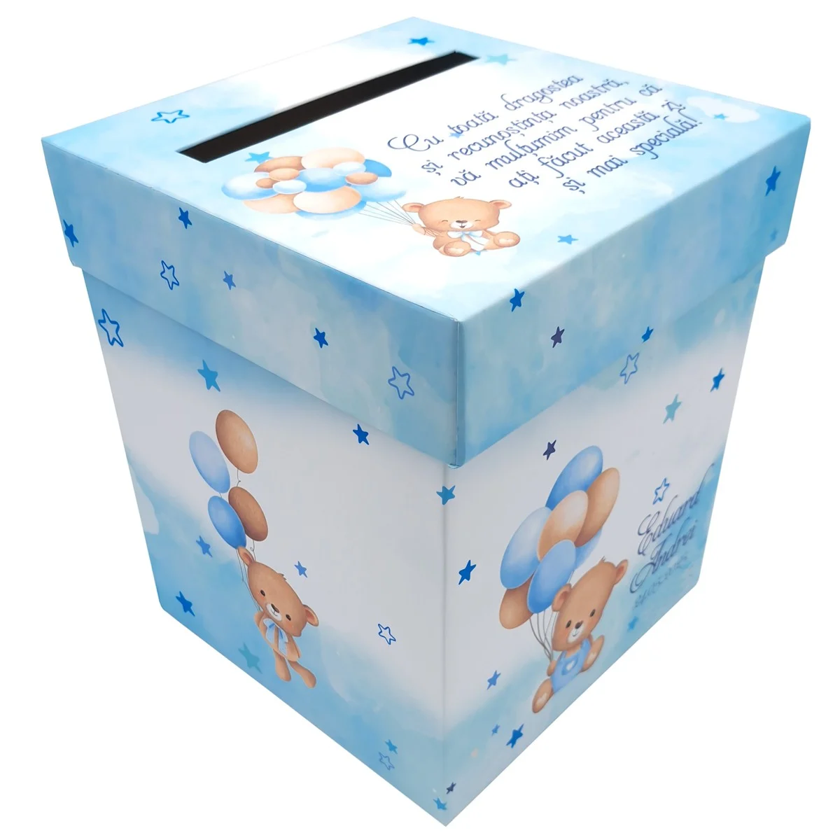 Cutie dar (bani) botez, personalizată, design Ursuleț cu baloane, bleu, dim. 21x21x26 cm - imagine 3