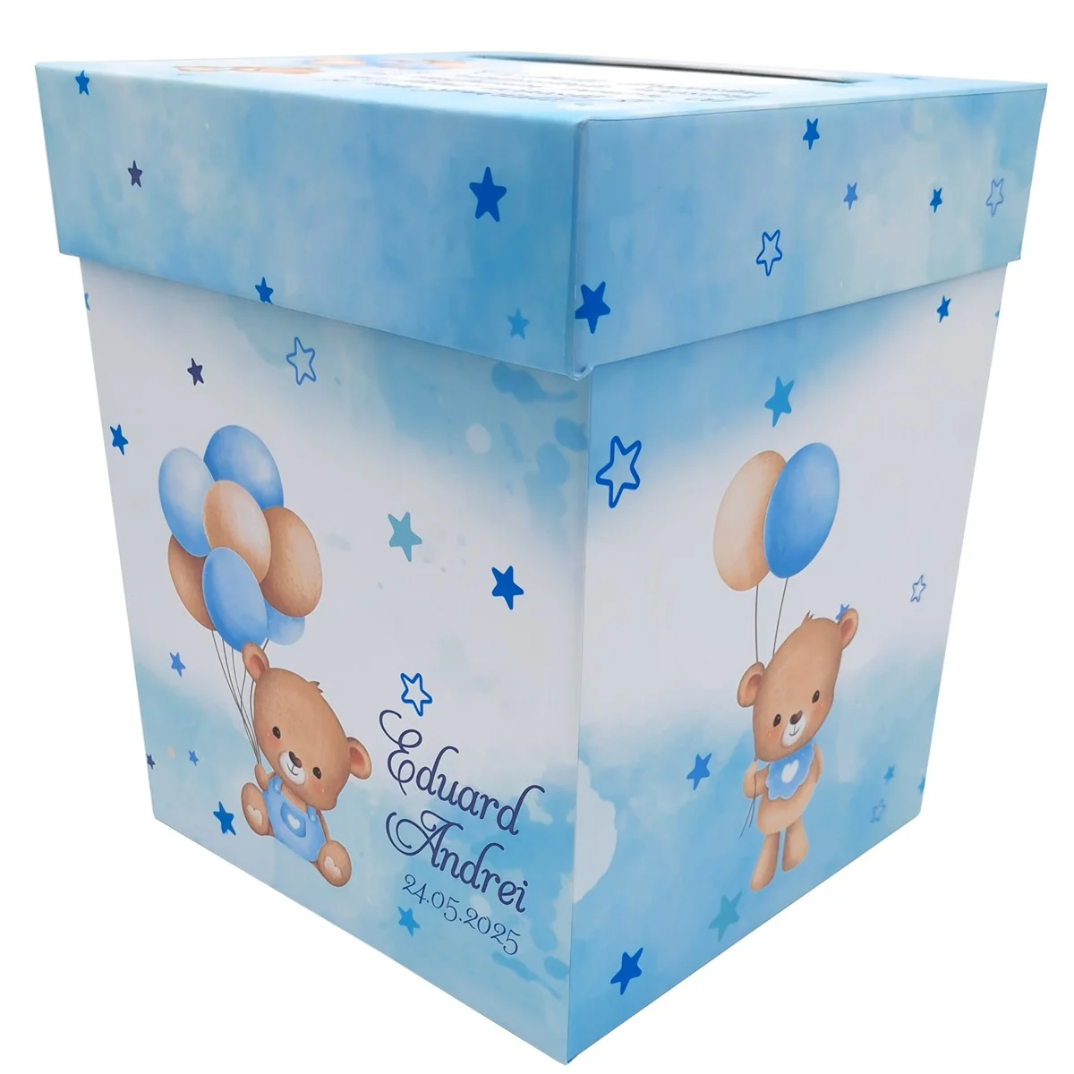 Cutie dar (bani) botez, personalizată, design Ursuleț cu baloane, bleu, dim. 21x21x26 cm - imagine 5