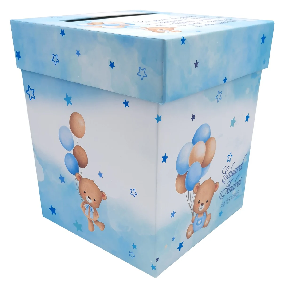 Cutie dar (bani) botez, personalizată, design Ursuleț cu baloane, bleu, dim. 21x21x26 cm - imagine 6