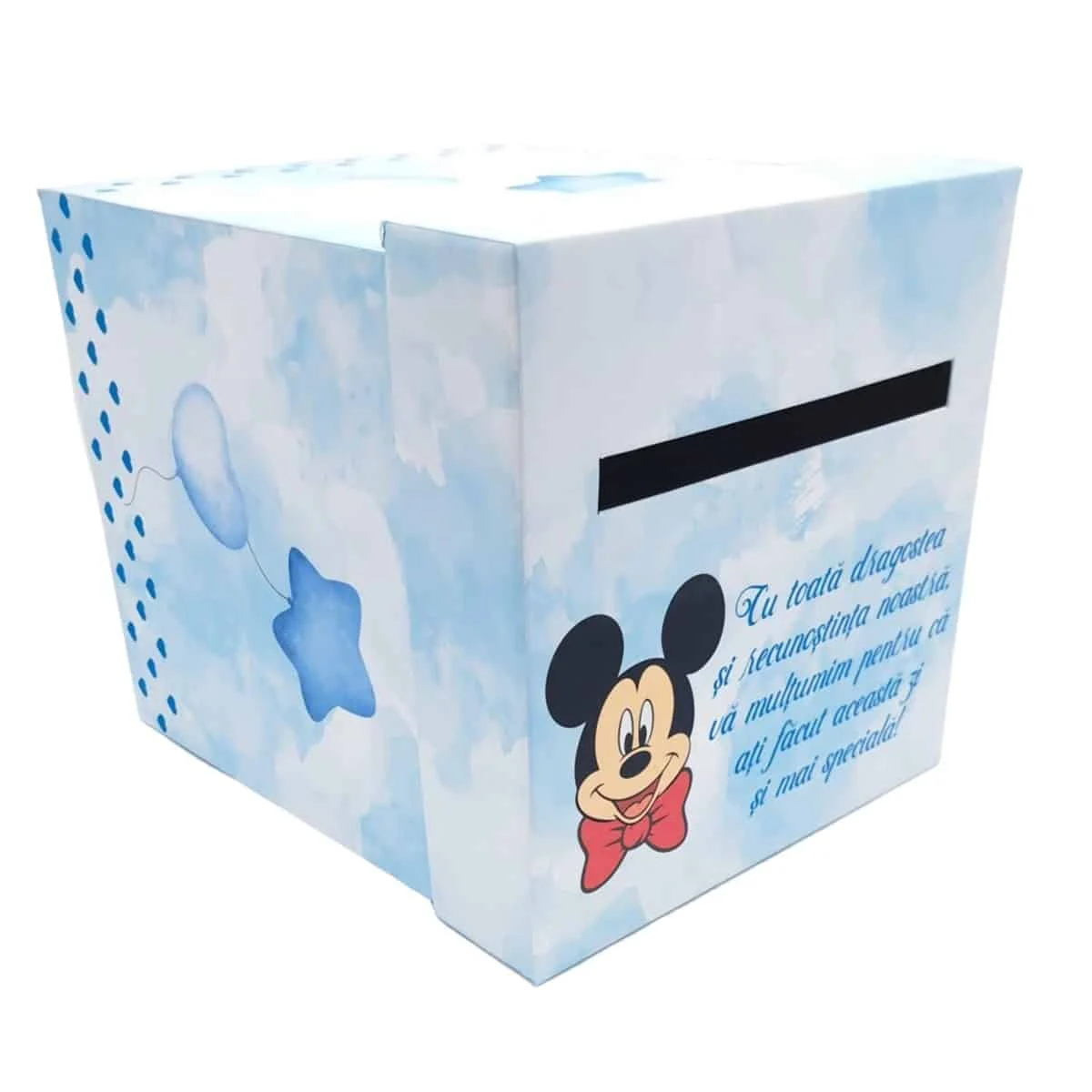 Cutie dar (bani) botez, nepersonalizata, tematica Mickey mousse, bleu, dim. 21x21x26 cm - imagine 6