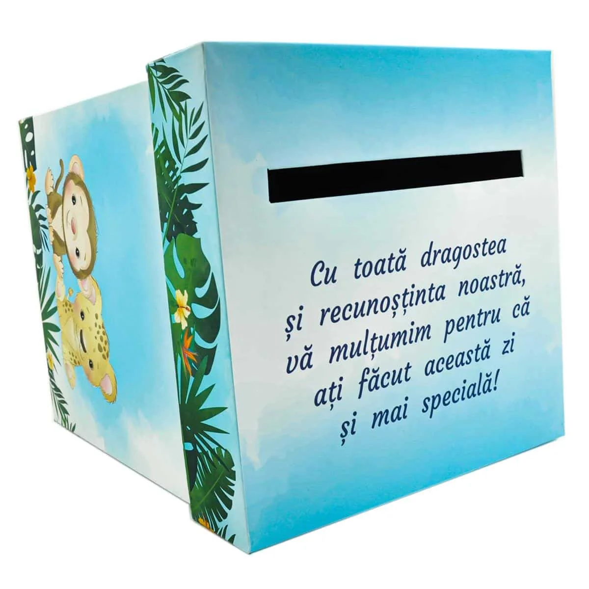 Cutie dar (bani) botez, nepersonalizata, design Jungle-Safari verde cu bleo, dim. 21x21x26 cm - imagine 6