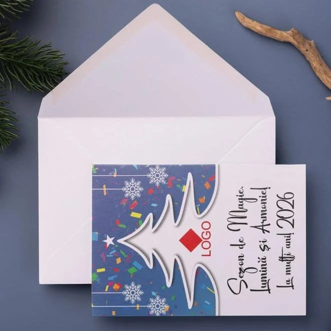 Set 4 Felicitări tip card pentru Sărbătorile de iarnă, Personalizate cu Logo, în plic alb - imagine 4