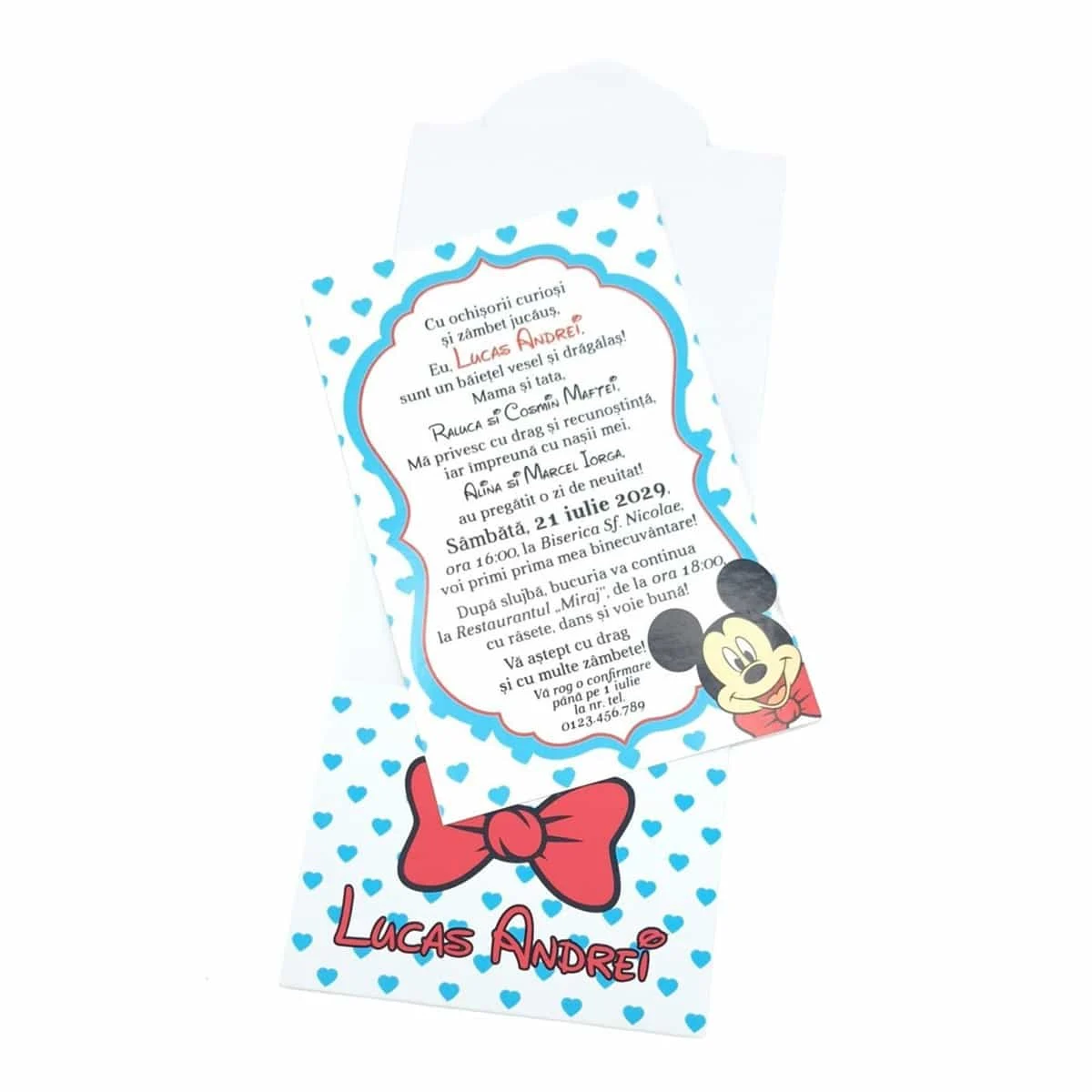 Invitatie botez baietel, cu plic personalizat, model Mickey cu buline inimioare bleo - imagine 3