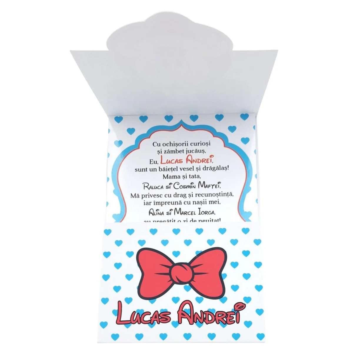 Invitatie botez baietel, cu plic personalizat, model Mickey cu buline inimioare bleo - imagine 6