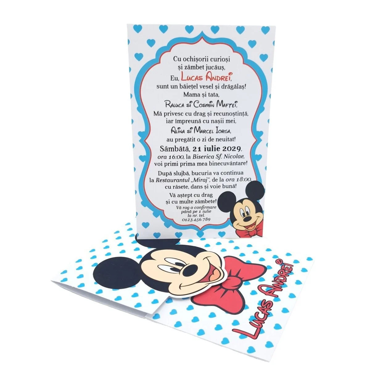 Invitatie botez baietel, cu plic personalizat, model Mickey cu buline inimioare bleo - imagine 7