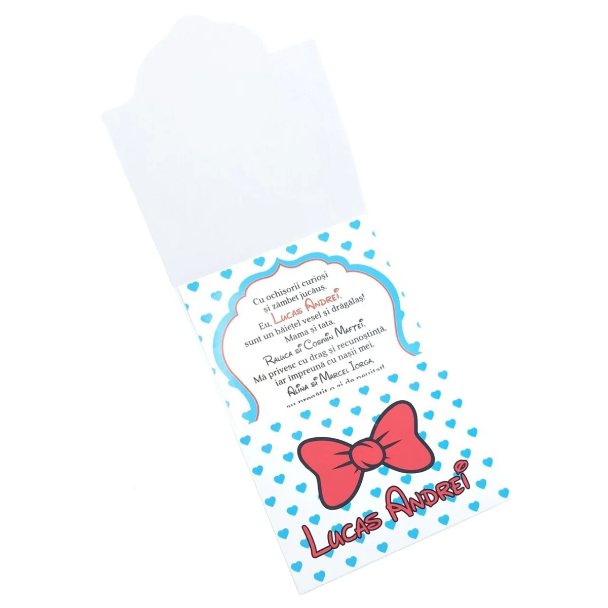 Invitatie botez baietel, cu plic personalizat, model Mickey cu buline inimioare bleo - imagine 8