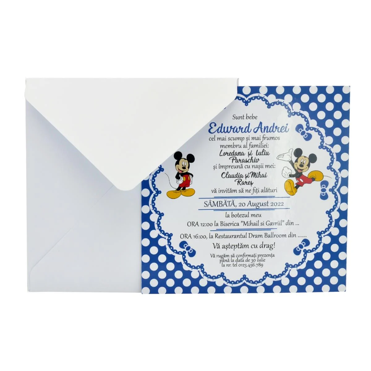 Invitatie botez baietel, tip Card patrat, plic personalizat, Mickey Mouse, albastru - imagine 4