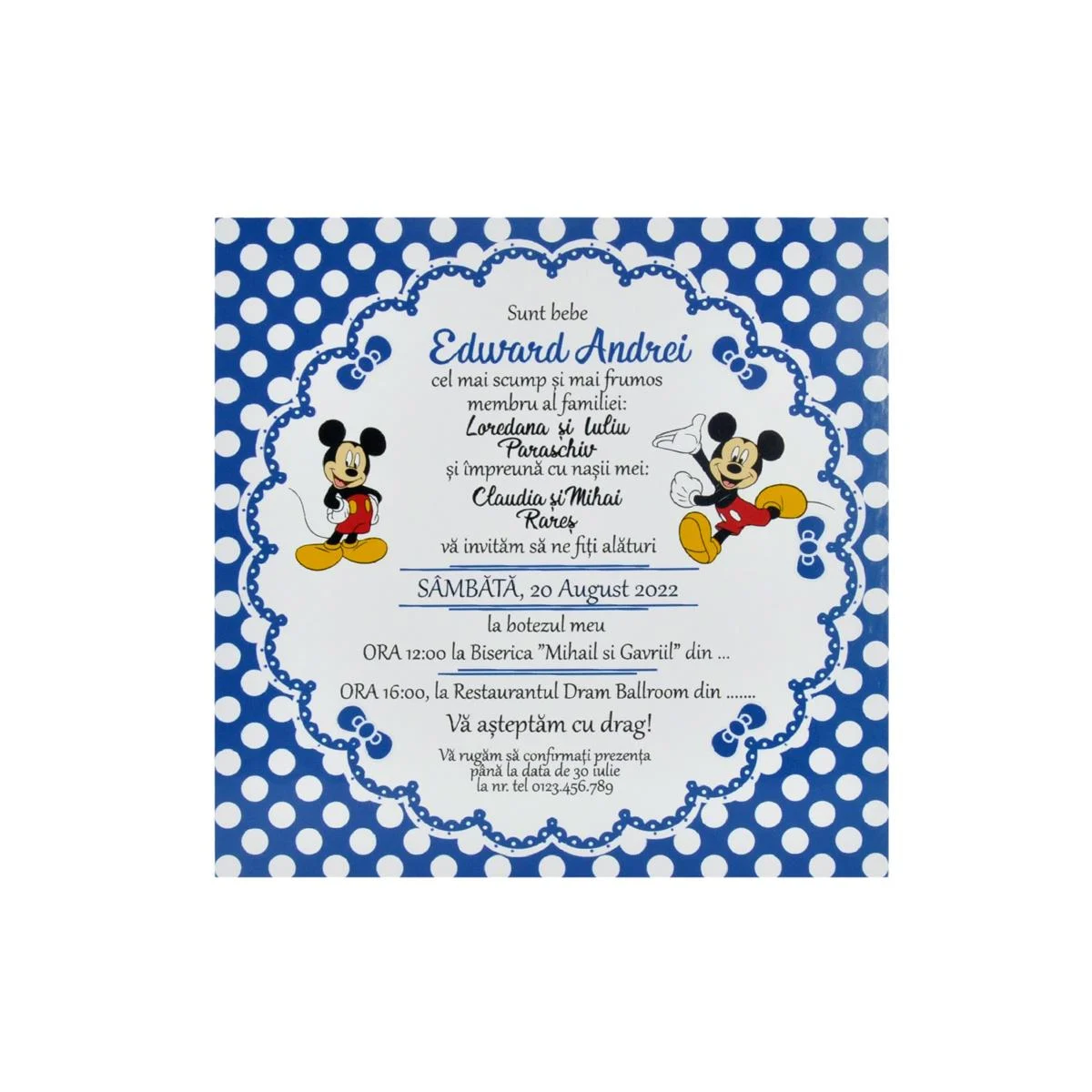 Invitatie botez baietel, tip Card patrat, plic personalizat, Mickey Mouse, albastru - imagine 6