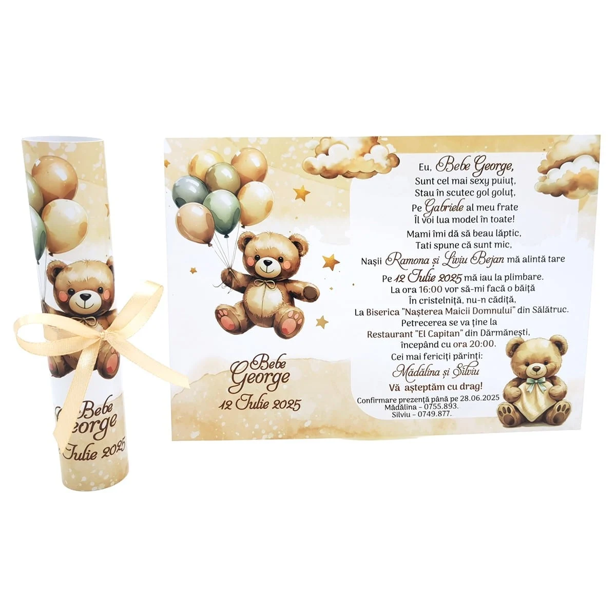Invitatie rulata botez, tip papirus, crem ursuleti cu baloane si norisori - imagine 4