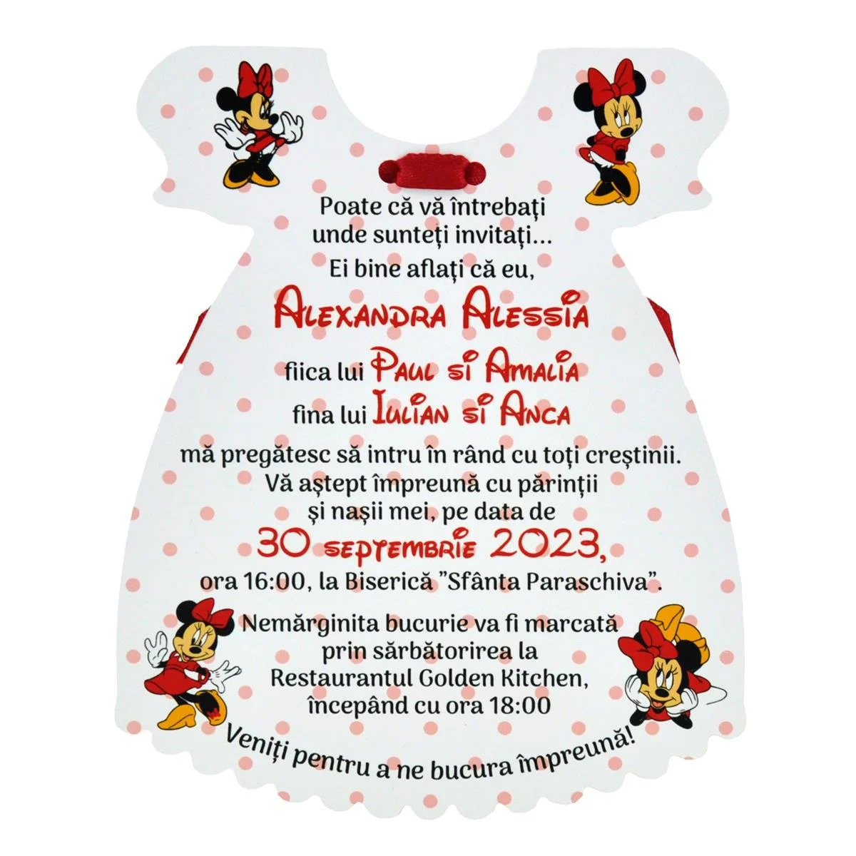Invitatie botez Rochita, model Minnie cu buline, pentru fetita - imagine 3