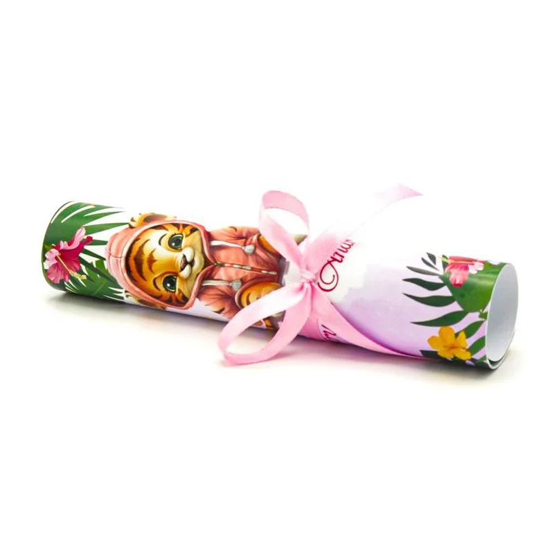 Invitatie rulata botez fetita, tip papirus, Jungla – tigrisor roz - imagine 4