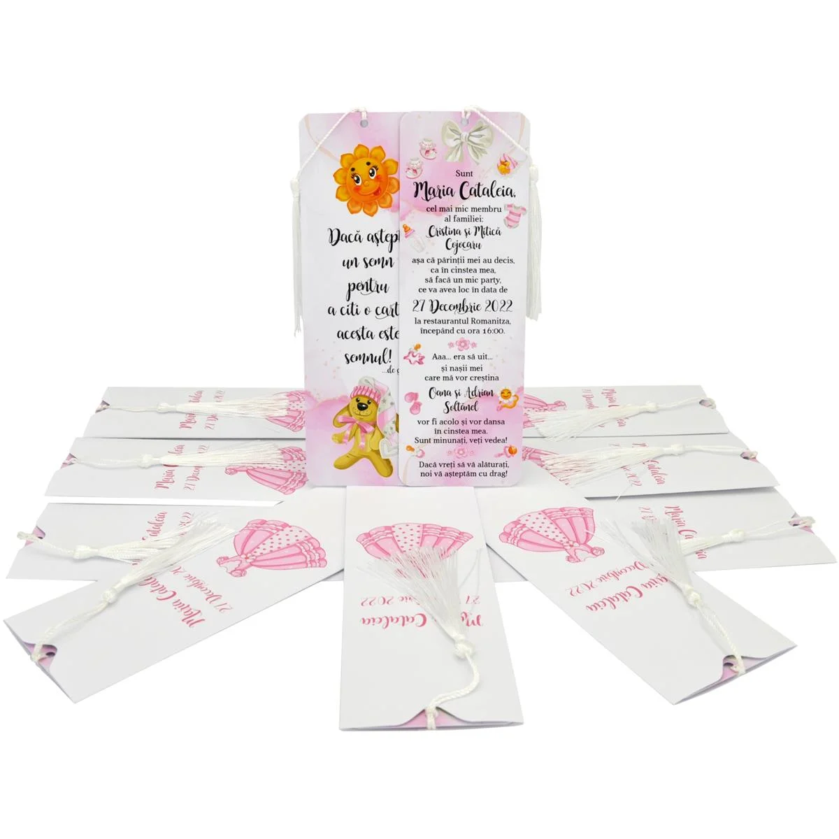 Invitatie botez semn de carte, pentru fetita, plic cu rochita roz - imagine 6