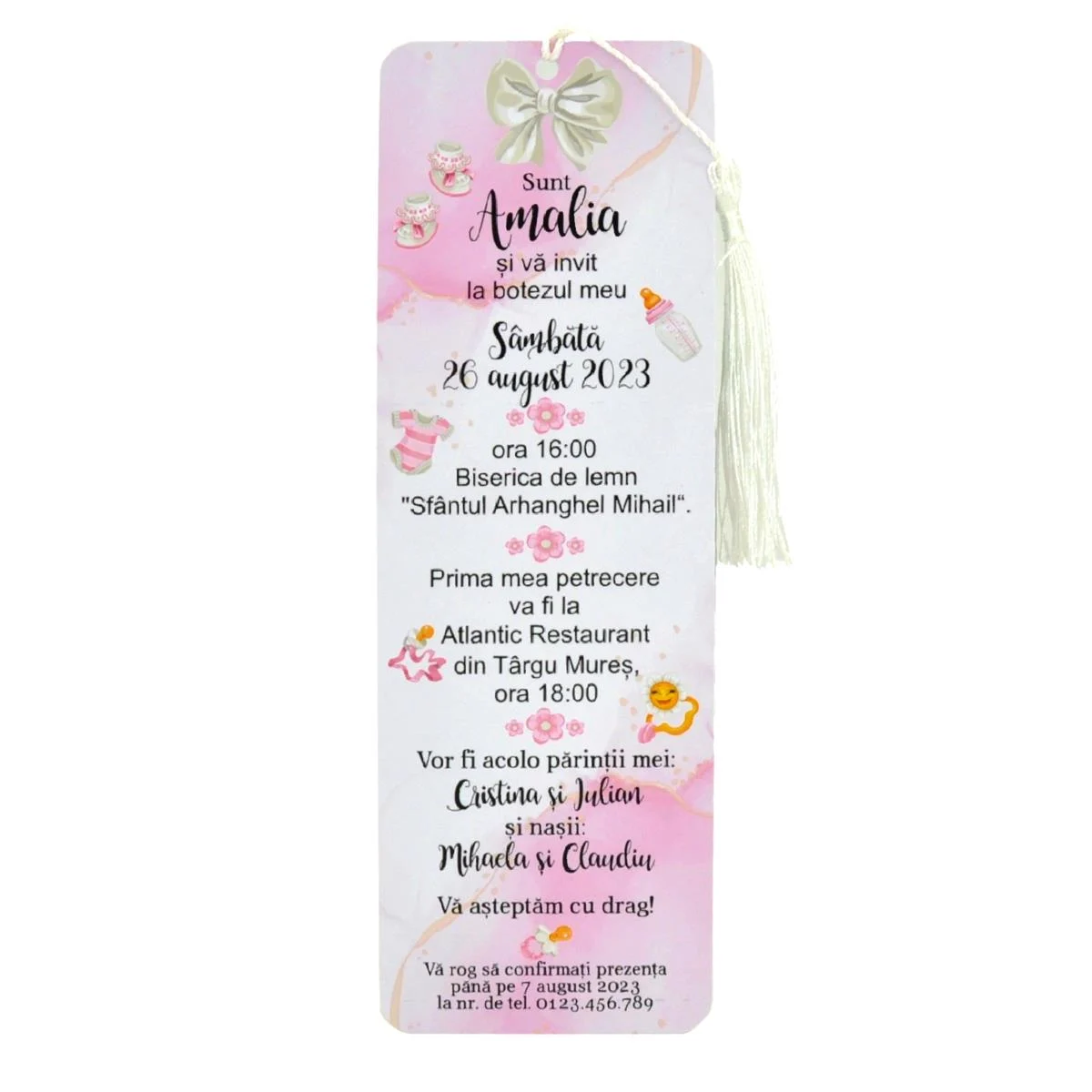Invitatie botez semn de carte, pentru fetita, plic cu rochita roz - imagine 4