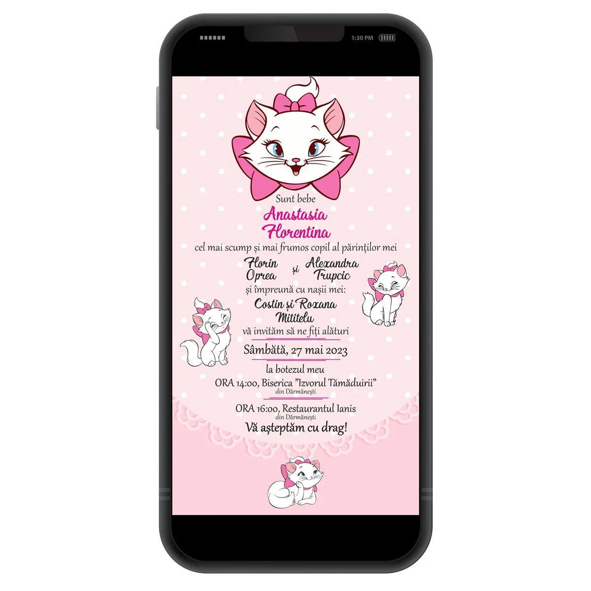 Invitație digitală botez, personalizată cu grafica roz si Marie pisica - imagine 3