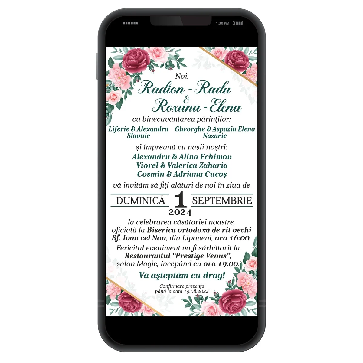 Invitație digitală nunta, bujori rosii si frunze verzi - imagine 4