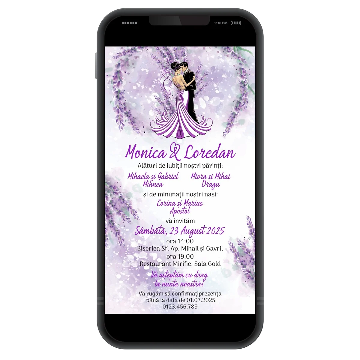 Invitație digitală nunta, personalizată cu grafica miri si lavanda mov - imagine 3