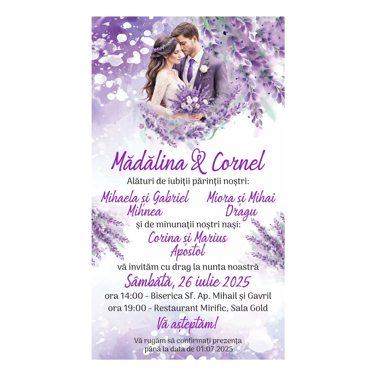Invitație digitală nunta, personalizată cu miri si lavanda mov lila - imagine 4