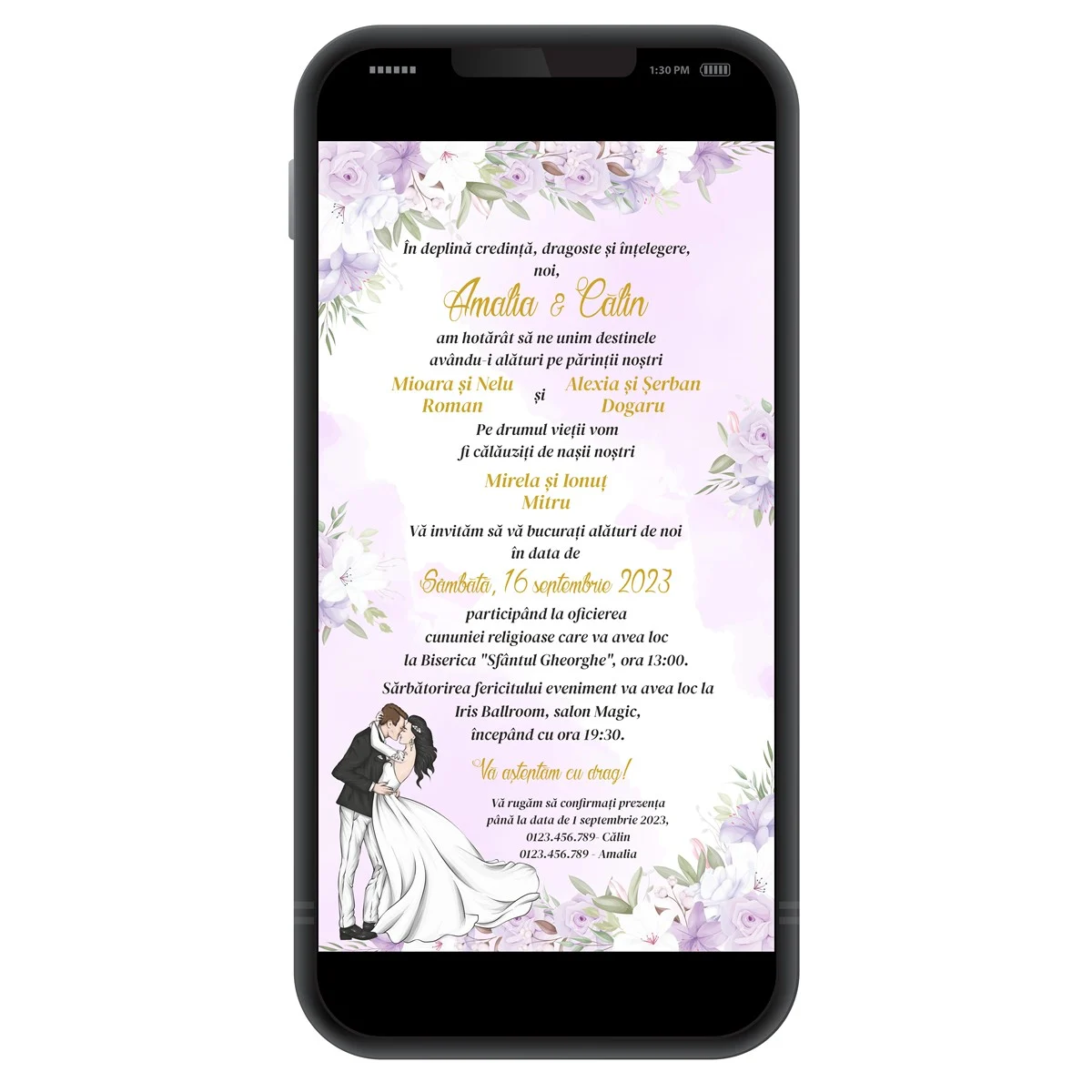 Invitatie digitala nunta, flori si fundal lila-mov - imagine 3