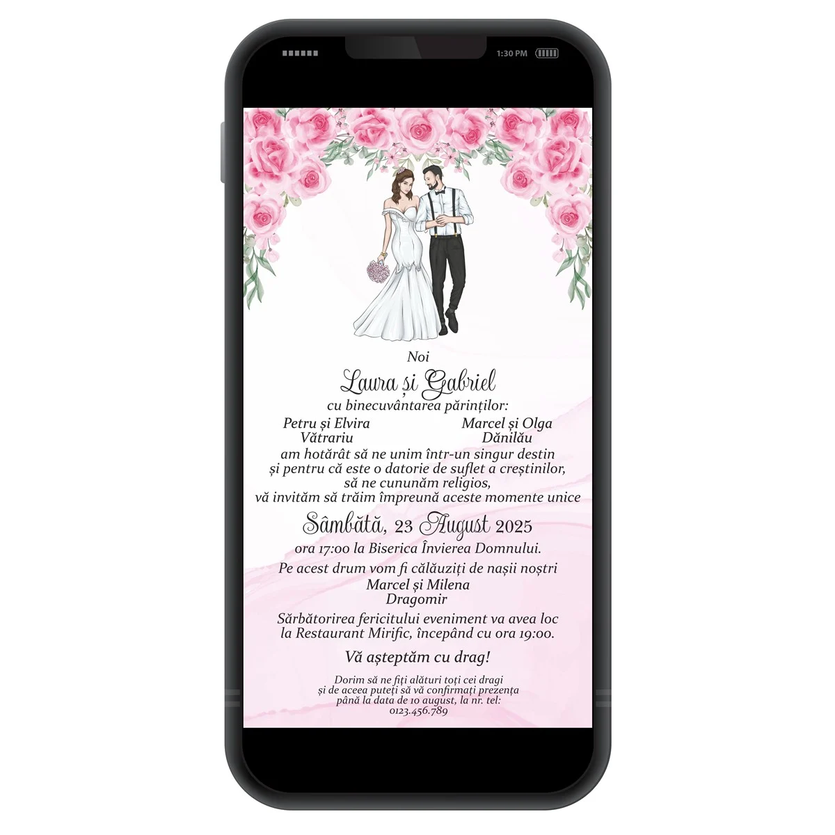 Invitație digitală nunta, personalizată cu miri si flori roz - imagine 3