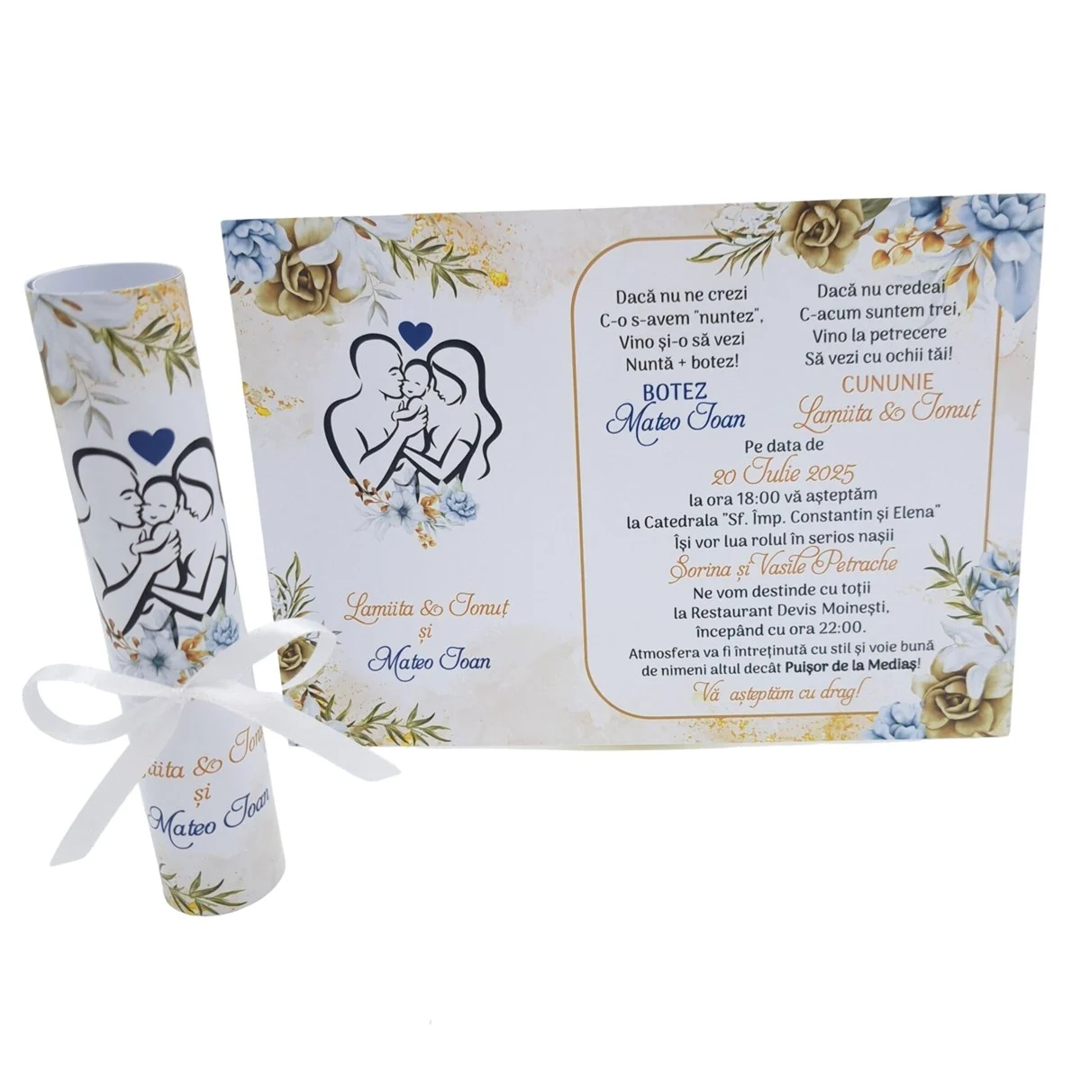 Invitatie rulata nunta si botez, tip papirus, cuplu cu bebe baitele, nuante de alb, auriu si bleo - imagine 4