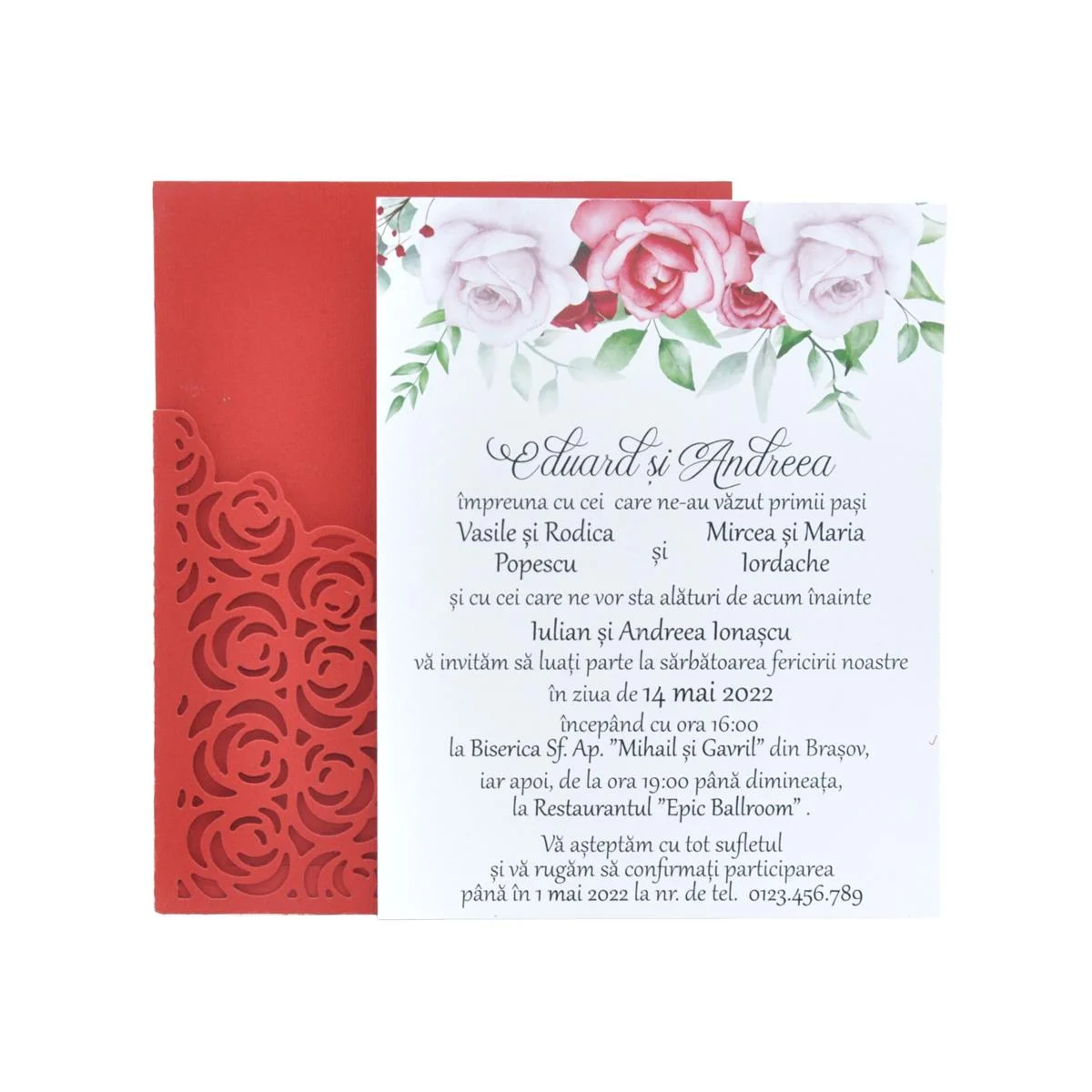 Invitatie nunta cu plic model Minirose, rosu - imagine 4