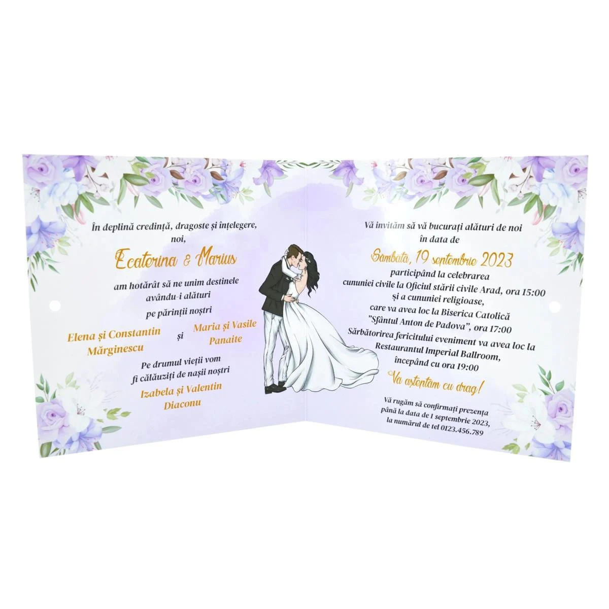Invitatie nunta model Card, cu fundita si design floral mov-lila, model cu miri – MIS207025 - imagine 5
