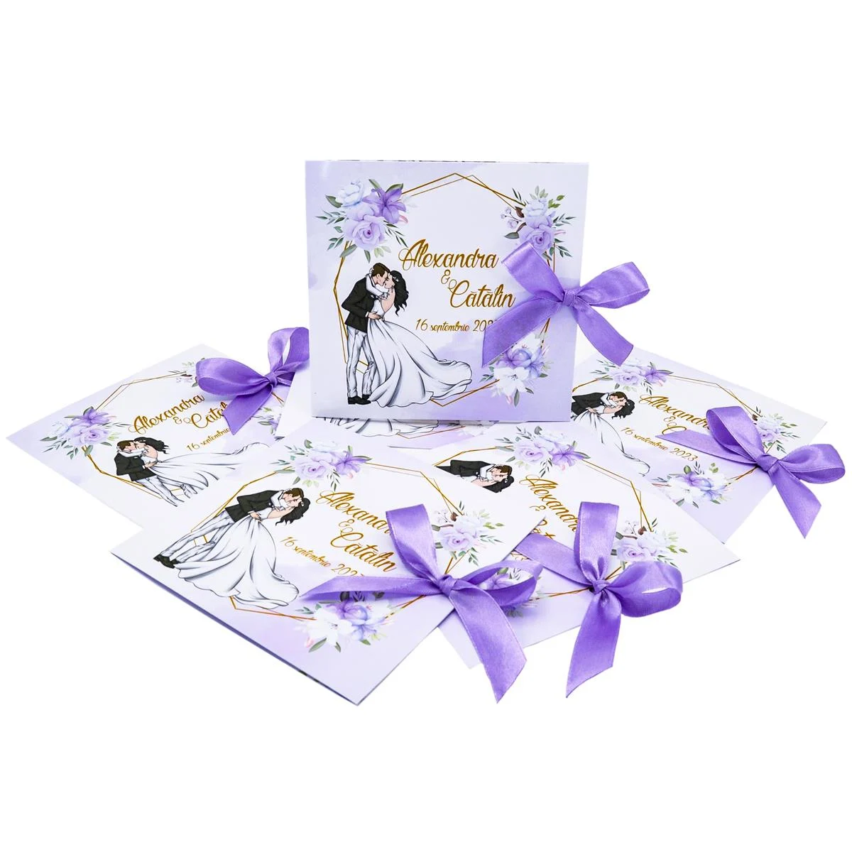 Invitatie nunta model Card, cu fundita si design floral mov-lila, model cu miri – MIS207025 - imagine 6
