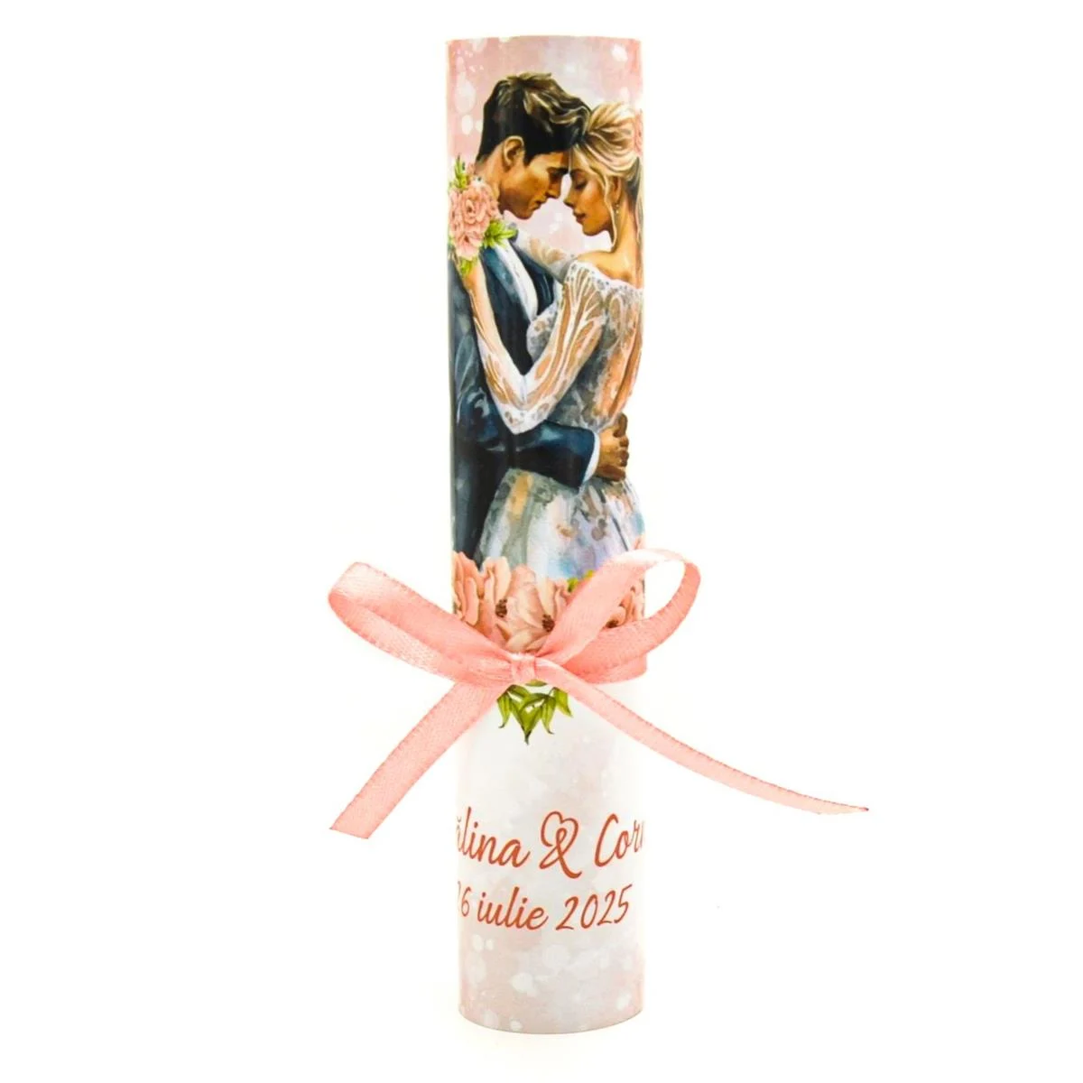 Invitatie rulata nunta, tip papirus, flori in nuante de roz, fuzzy pink, dust pink si miri - imagine 4