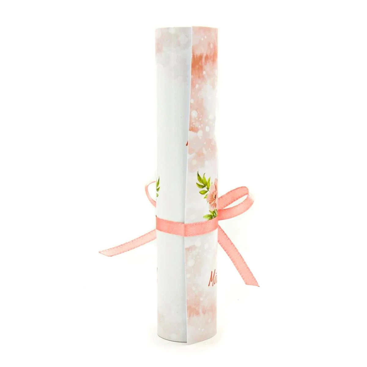 Invitatie rulata nunta, tip papirus, flori in nuante de roz, fuzzy pink, dust pink si miri - imagine 5
