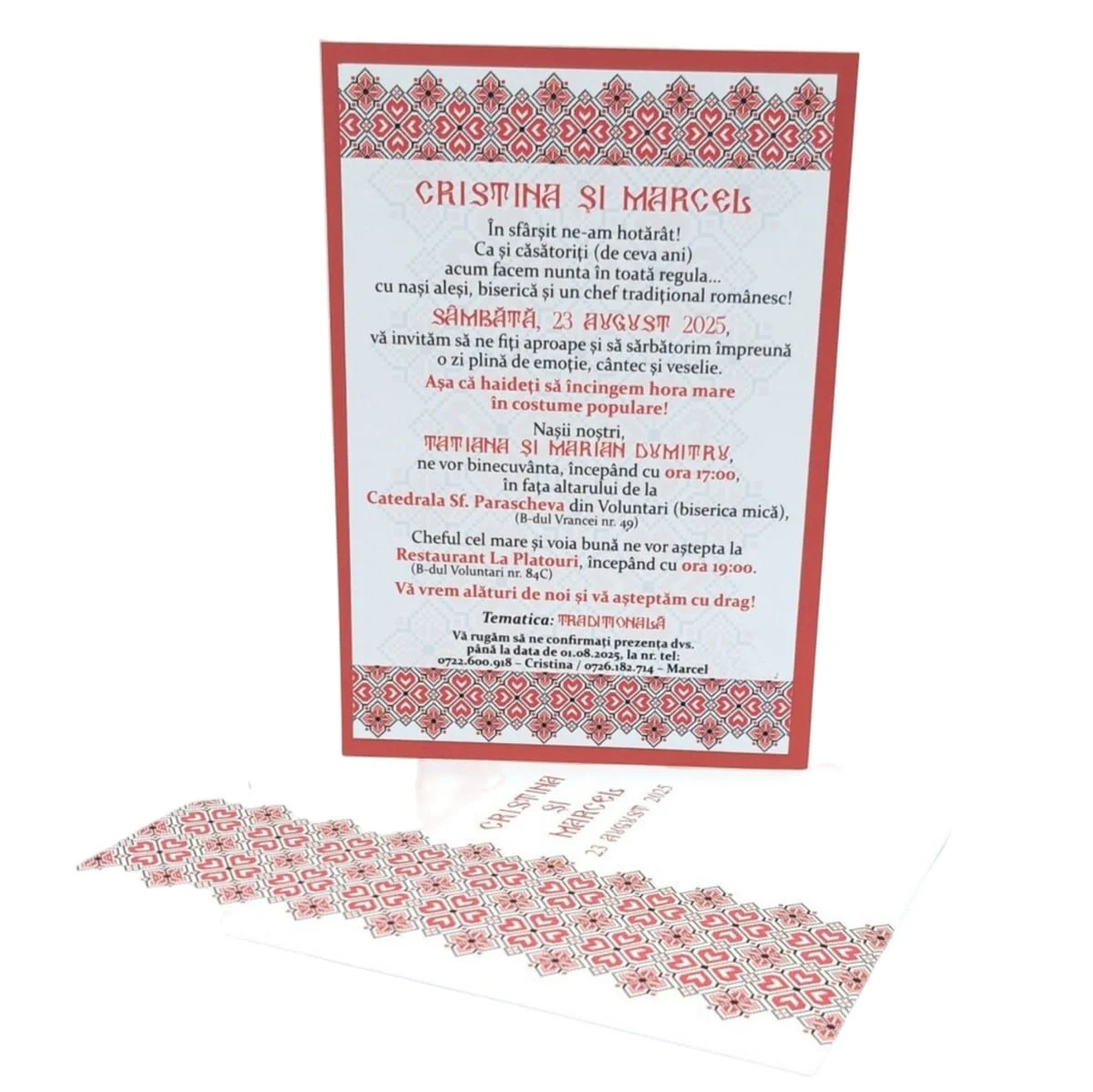 Invitatie nunta tip card 17x12 in plic tip buzunar, tematica traditional rosu - imagine 3