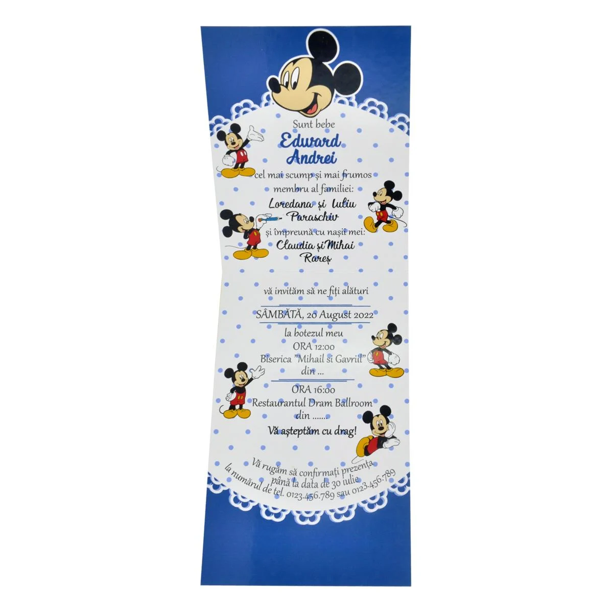 Invitatie botez baietel, model Dragut, Mickey Mouse, albastru - imagine 4
