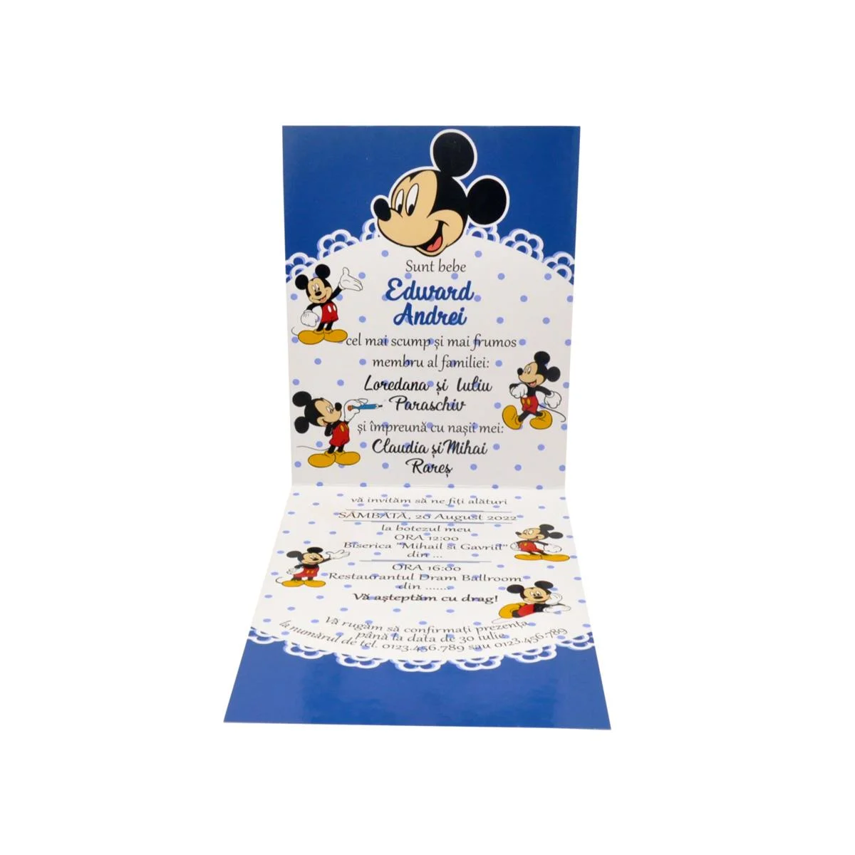 Invitatie botez baietel, model Dragut, Mickey Mouse, albastru - imagine 5