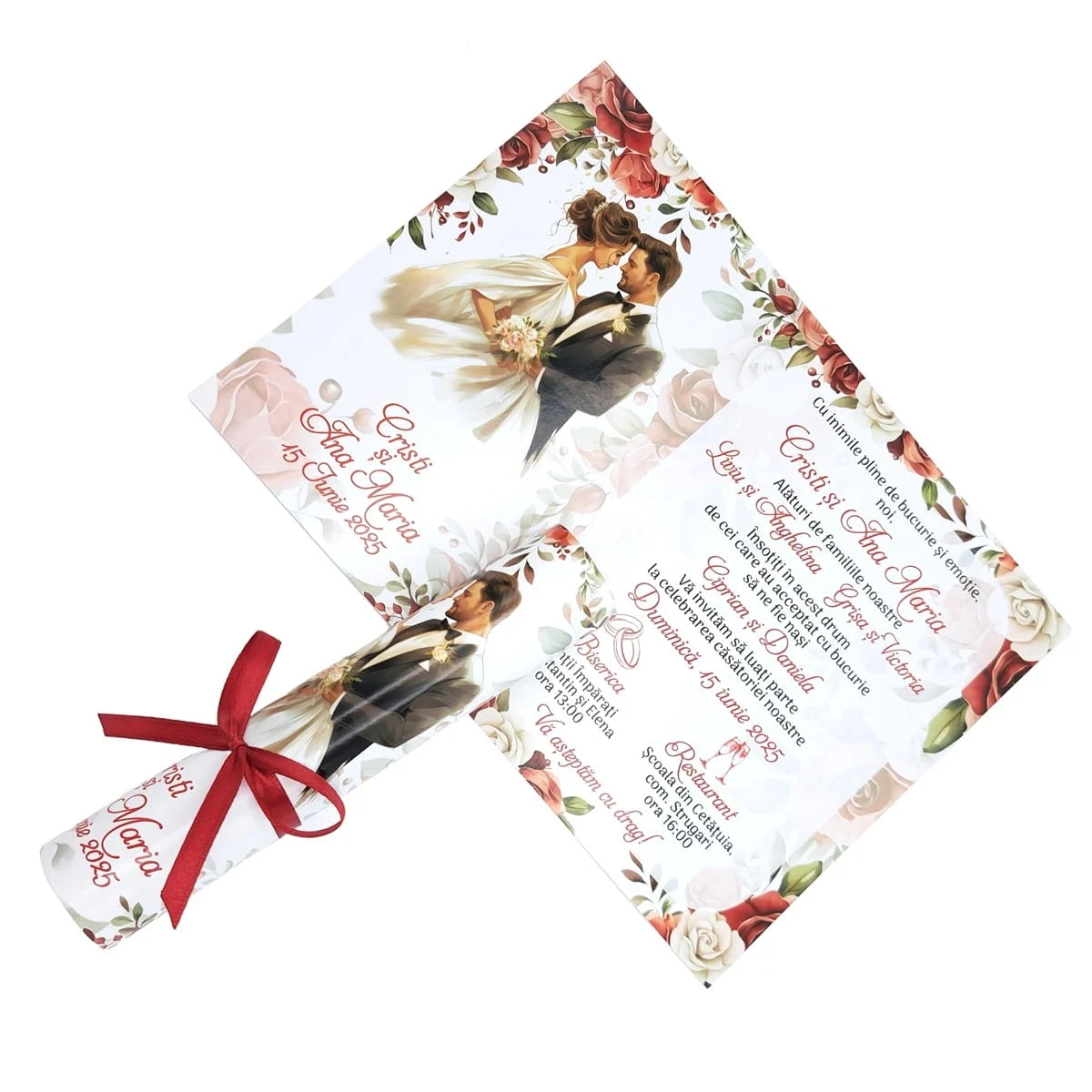 Invitatie rulata nunta, tip papirus, cu trandafiri rosii si cuplu miri - imagine 3