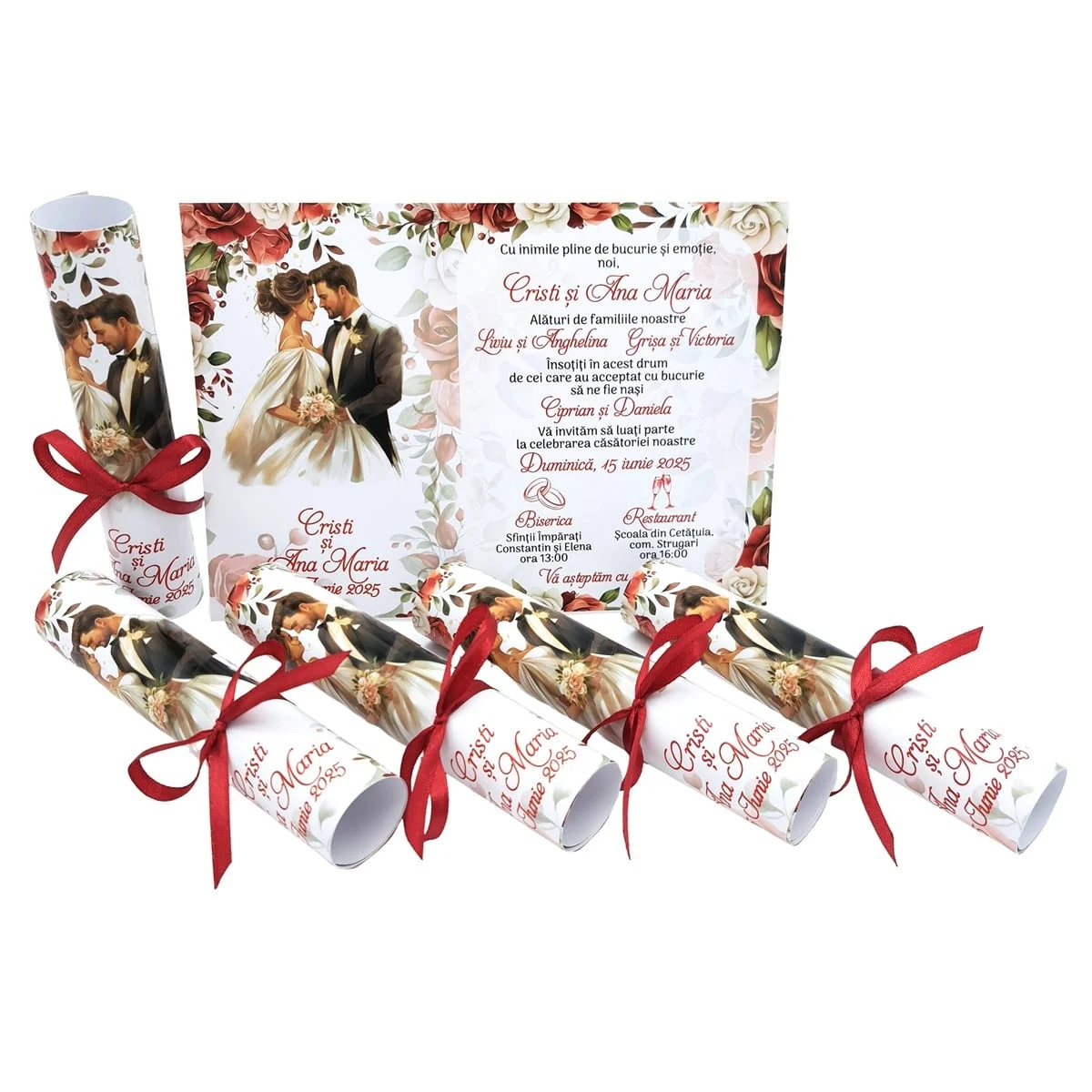 Invitatie rulata nunta, tip papirus, cu trandafiri rosii si cuplu miri - imagine 4