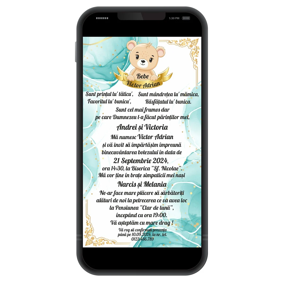 Invitatie digitala botez baietel, personalizata cu ursuleț și fundal tourcoise - imagine 3