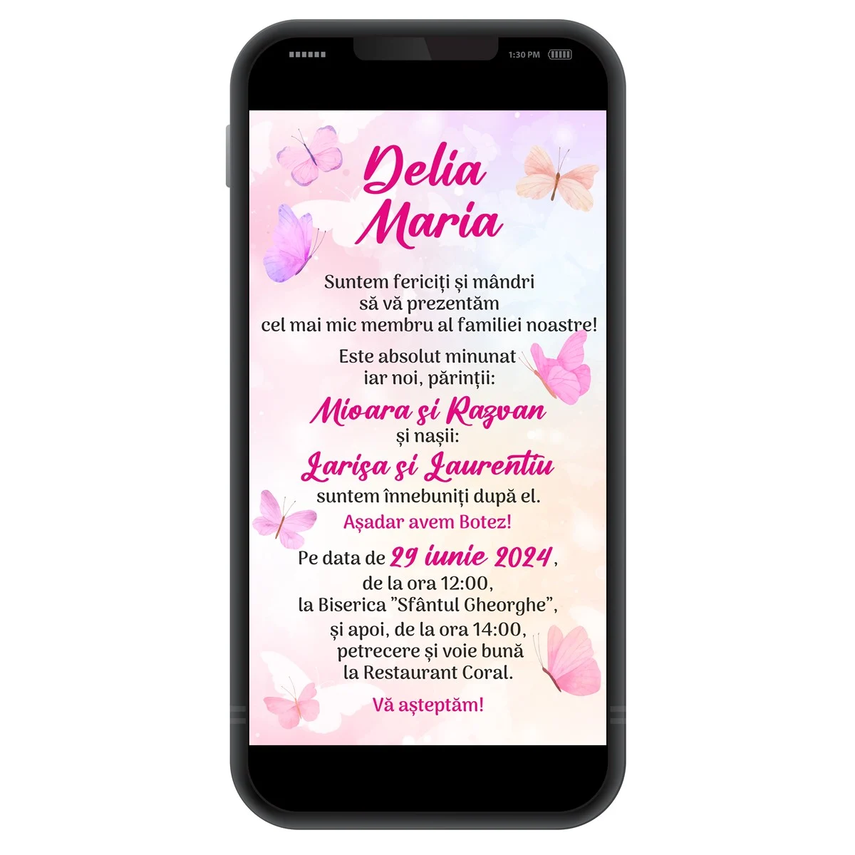 Invitație digitală botez, personalizată cu grafica roz si fluturi - imagine 3