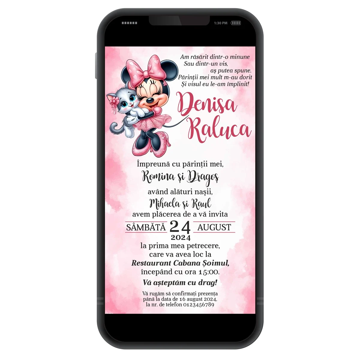 Invitație digitală botez, personalizată cu grafica in nunate de roz si Minnie Mouse - imagine 3