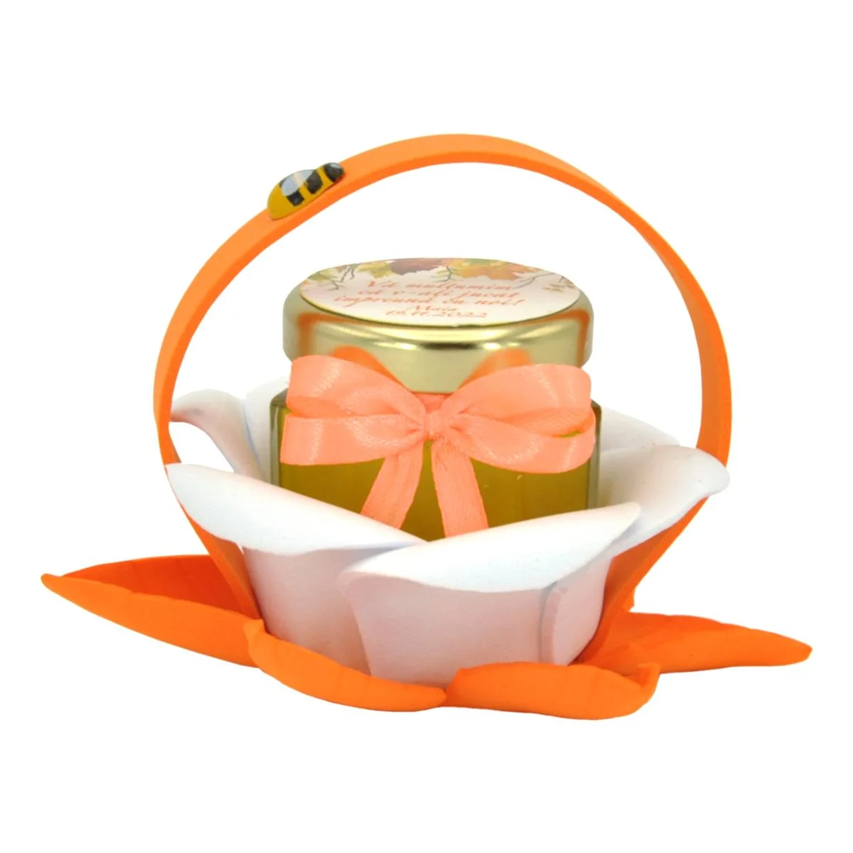 Marturii dulci cu miere, model handmade Zumzet dulce - portocaliu somon, borcan 50 gr - imagine 3